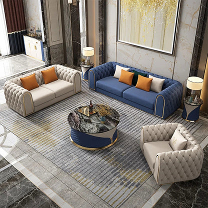 3-Piece Blue & Beige Luxury Velvet Upholstered Chesterfield Sofa Living Room Set - Homary