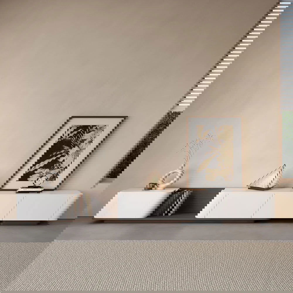 3000mm Walnut & White Modern Wood Extendable TV Stand with 4 Drawer Media Console - 