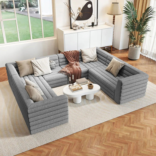 3200mm U-Shaped Modern Grey Boucle Modular Sectional Sofa for 8 Seaters - 