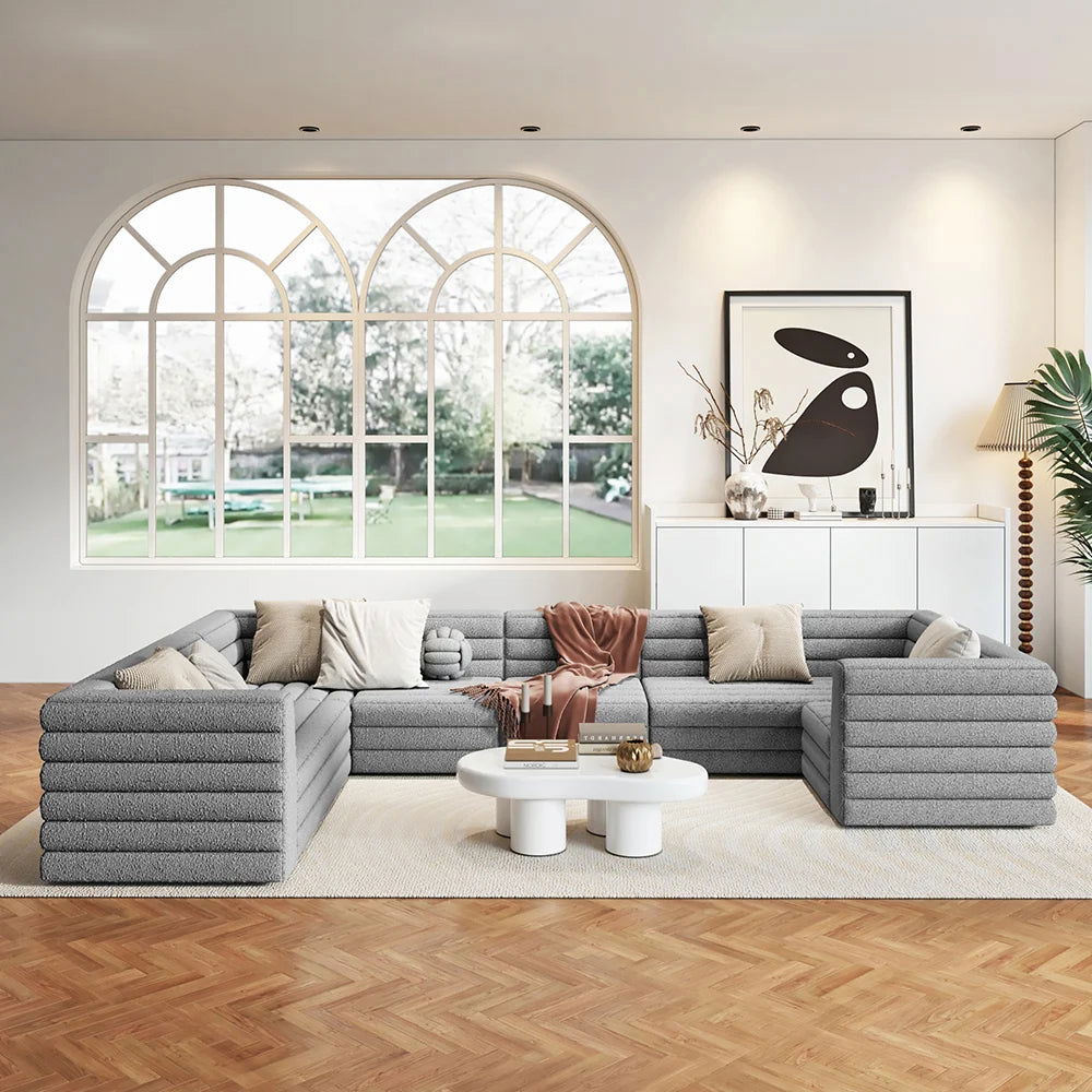 3200mm U-Shaped Modern Grey Boucle Modular Sectional Sofa for 8 Seaters - 