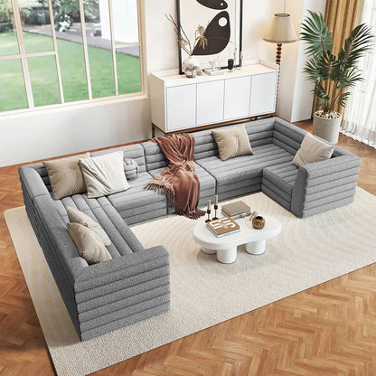 3200mm U-Shaped Modern Grey Boucle Modular Sectional Sofa for 8 Seaters - 