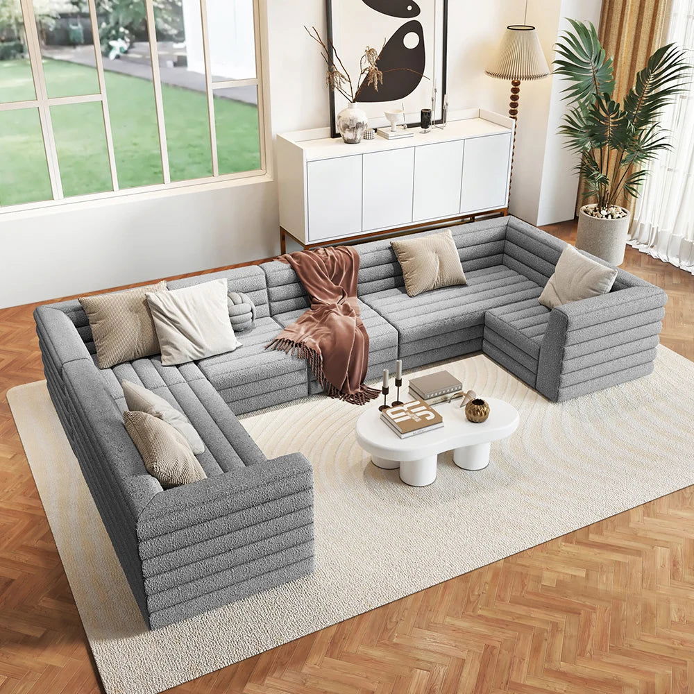 3200mm U-Shaped Modern Grey Boucle Modular Sectional Sofa for 8 Seaters - 