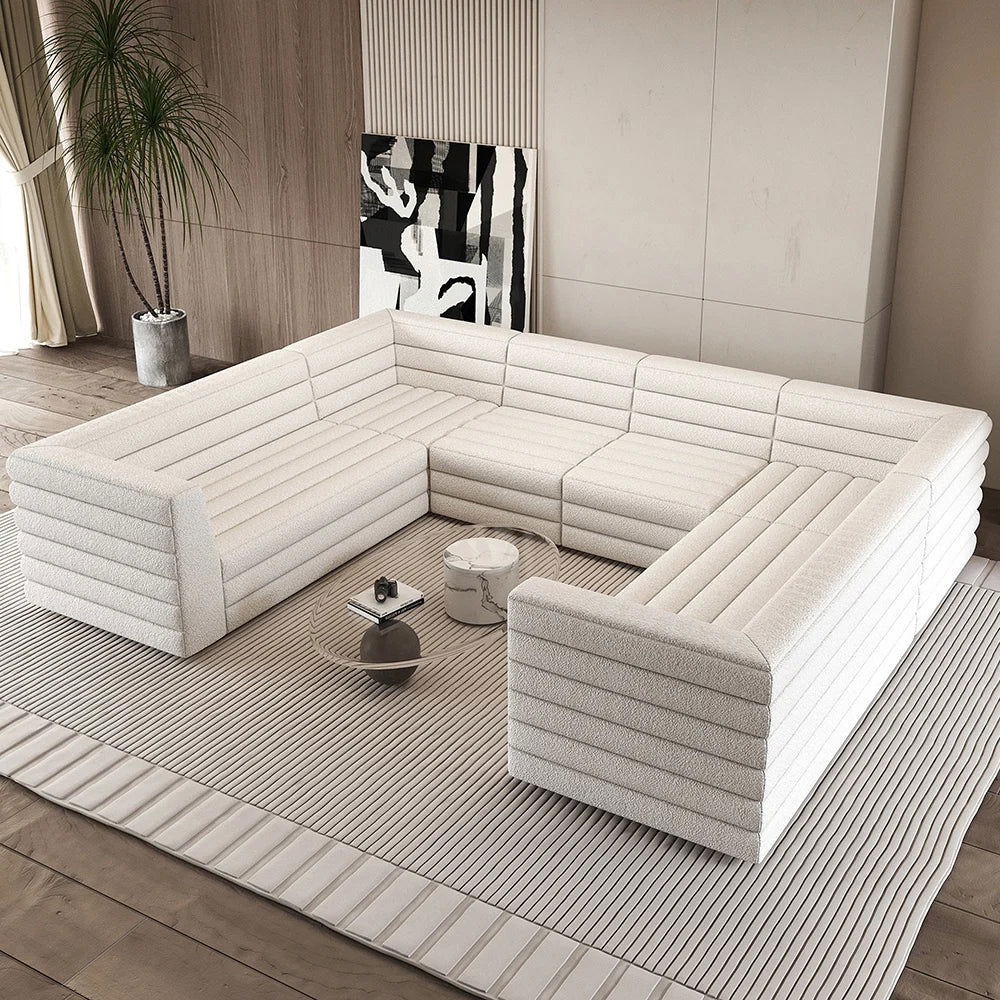 3200mm U-Shaped Modern Off White Boucle Modular Sectional Sofa for 8 Seaters - 