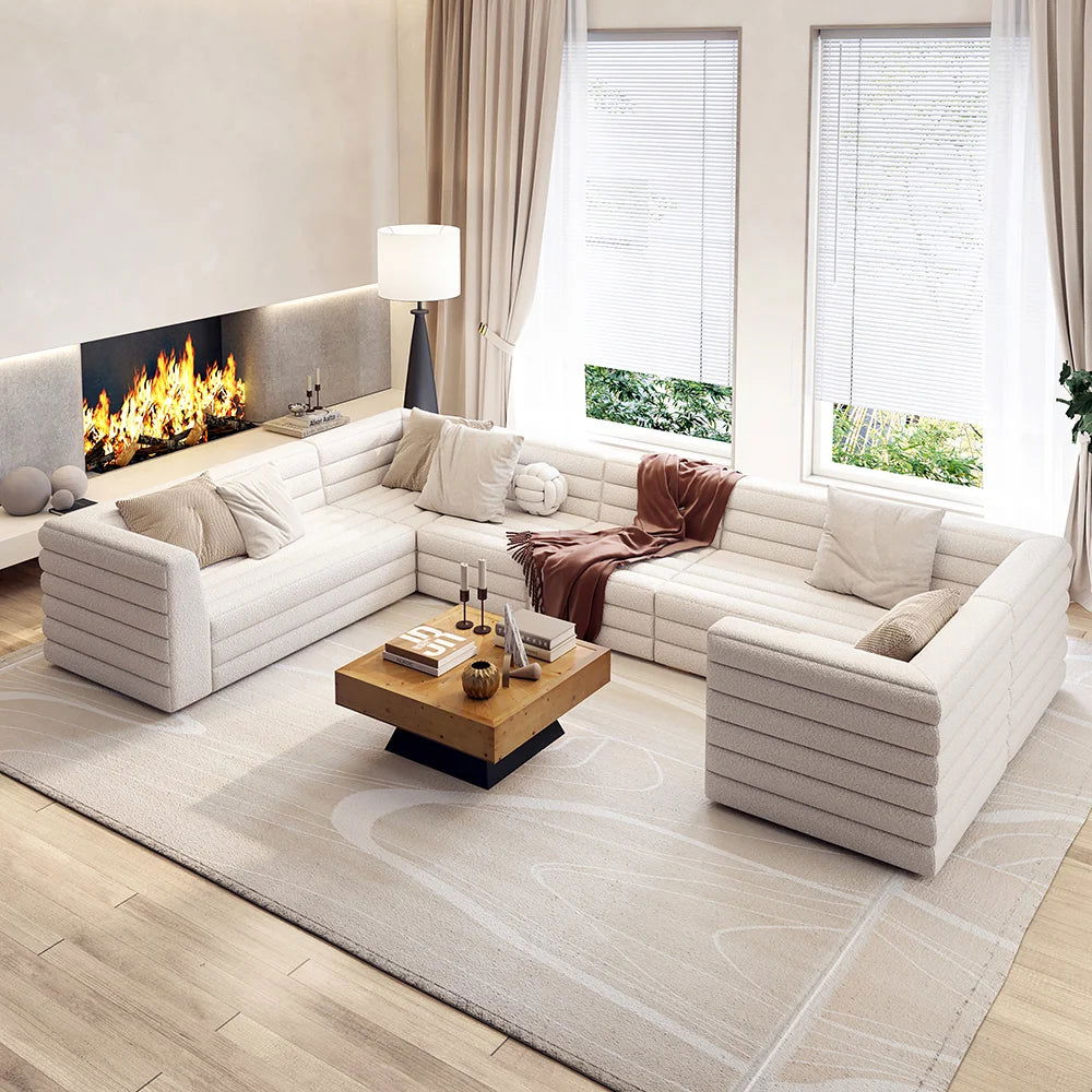 3200mm U-Shaped Modern Off White Boucle Modular Sectional Sofa for 8 Seaters - 