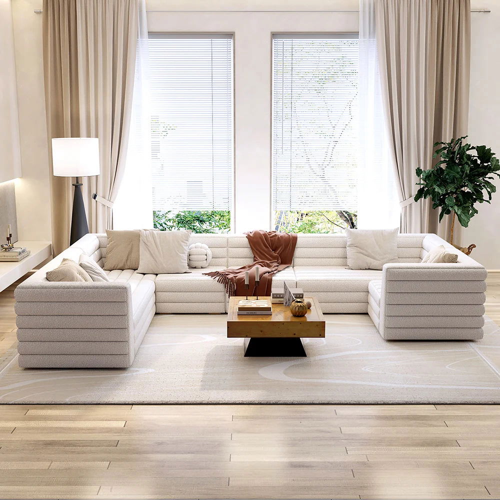 3200mm U-Shaped Modern Off White Boucle Modular Sectional Sofa for 8 Seaters - 