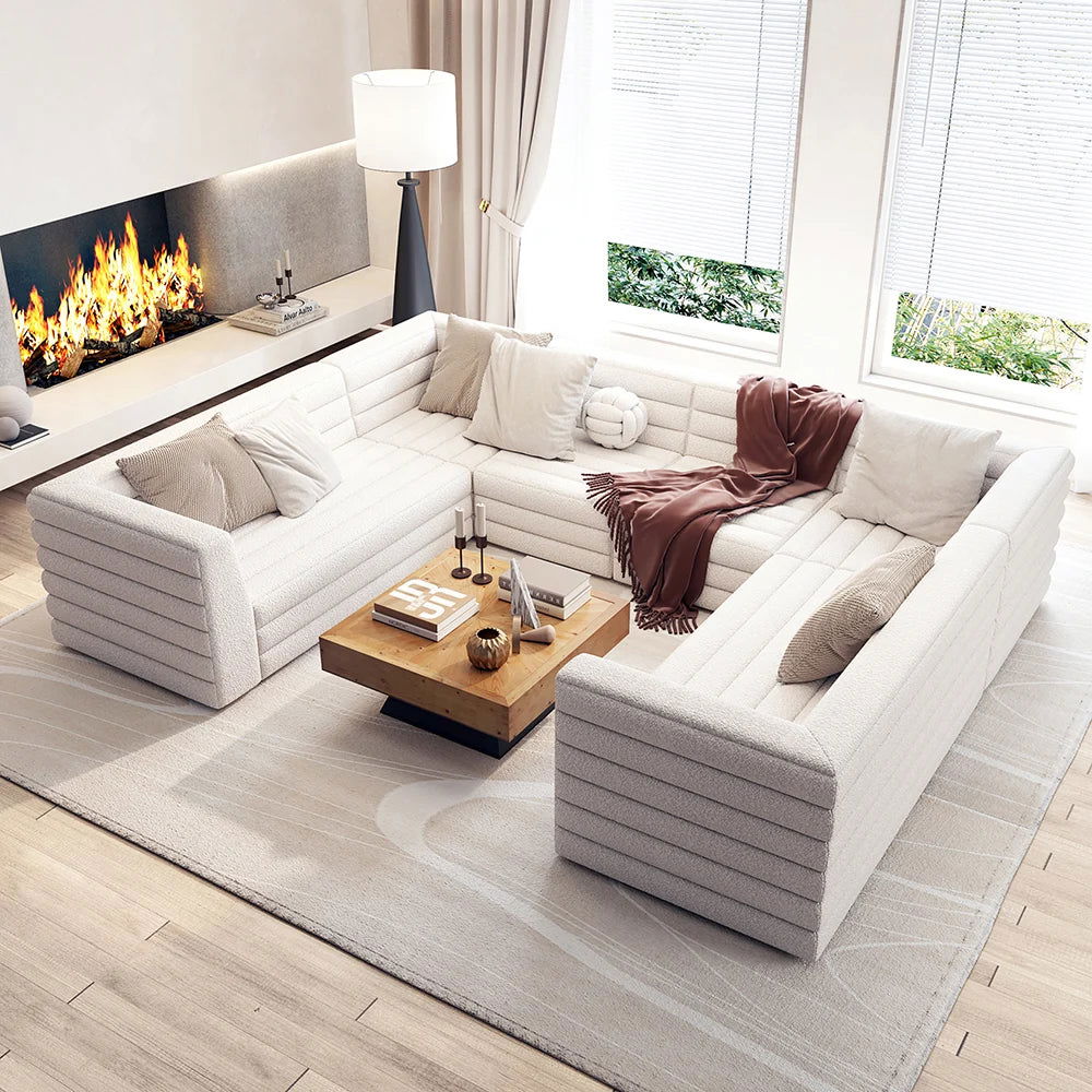 3200mm U-Shaped Modern Off White Boucle Modular Sectional Sofa for 8 Seaters - 