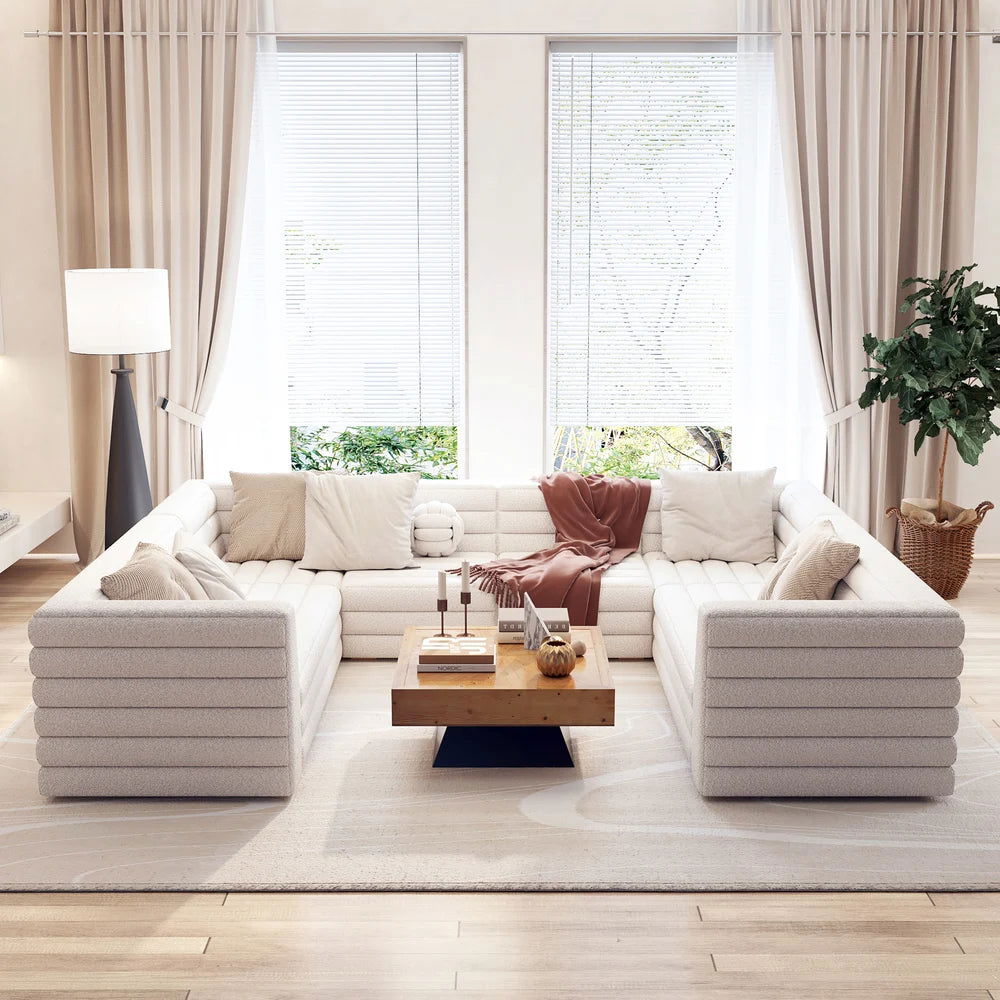 3200mm U-Shaped Modern Off White Boucle Modular Sectional Sofa for 8 Seaters - 