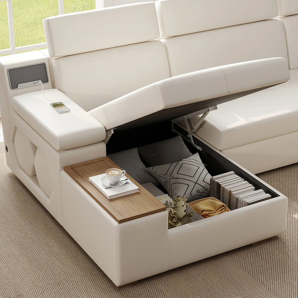 3330mm Sleeper Sectional Storage Sofa Pull Out Bed Headrest Adjustable with USB&Speaker - 