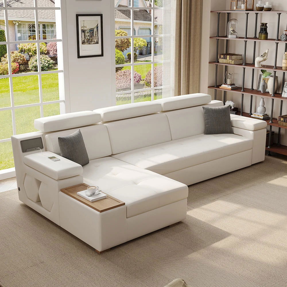 3330mm Sleeper Sectional Storage Sofa Pull Out Bed Headrest Adjustable with USB&Speaker - 