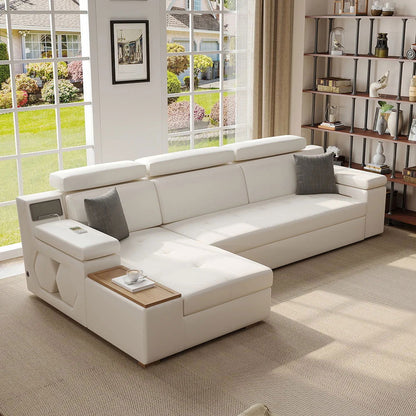 3330mm Sleeper Sectional Storage Sofa Pull Out Bed Headrest Adjustable with USB&Speaker - 