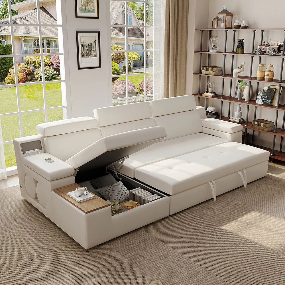 3330mm Sleeper Sectional Storage Sofa Pull Out Bed Headrest Adjustable with USB&Speaker - Homary