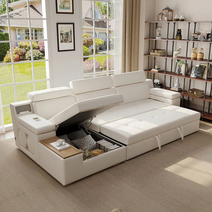 3330mm Sleeper Sectional Storage Sofa Pull Out Bed Headrest Adjustable with USB&Speaker - Homary