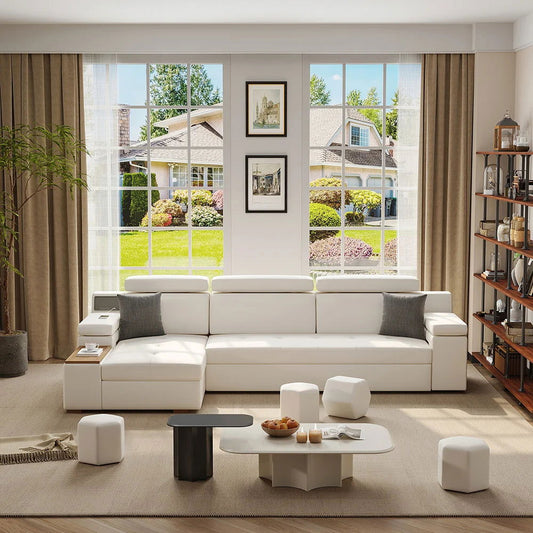 3330mm Sleeper Sectional Storage Sofa Pull Out Bed Headrest Adjustable with USB&Speaker - Homary