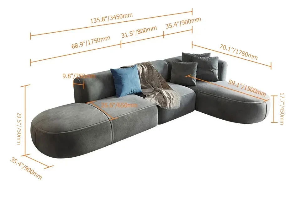 3450mm L-Shaped Sectional Corner Modern Modular Sofa with Pillows in Grey - 