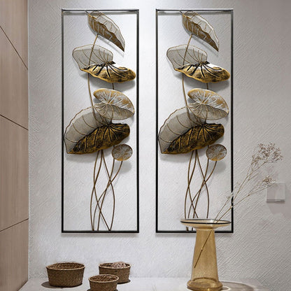 35.8" 2 Pieces Metal Lotus Leaves Wall Decor Set for Living Room with Black Frame - 