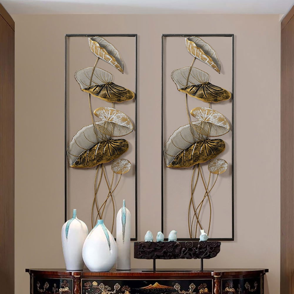 35.8" 2 Pieces Metal Lotus Leaves Wall Decor Set for Living Room with Black Frame - 