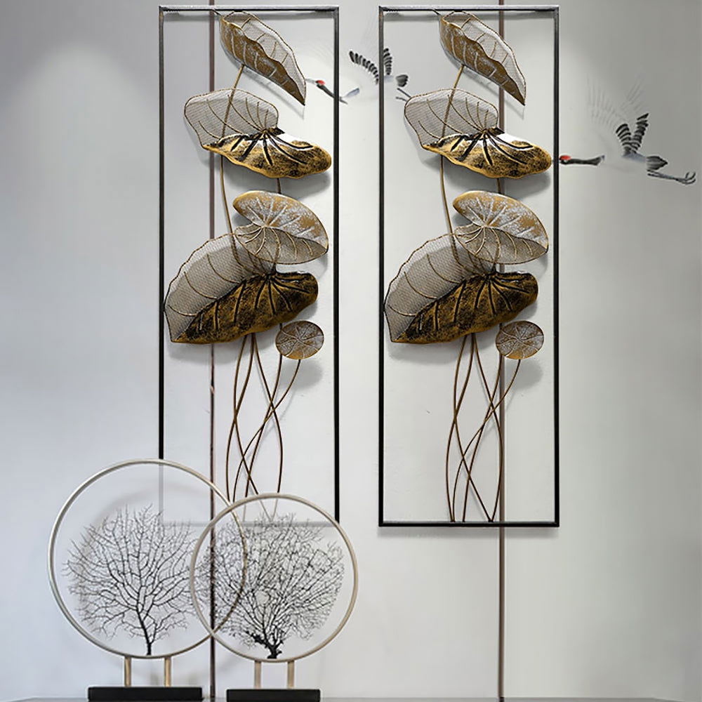 35.8" 2 Pieces Metal Lotus Leaves Wall Decor Set for Living Room with Black Frame - 