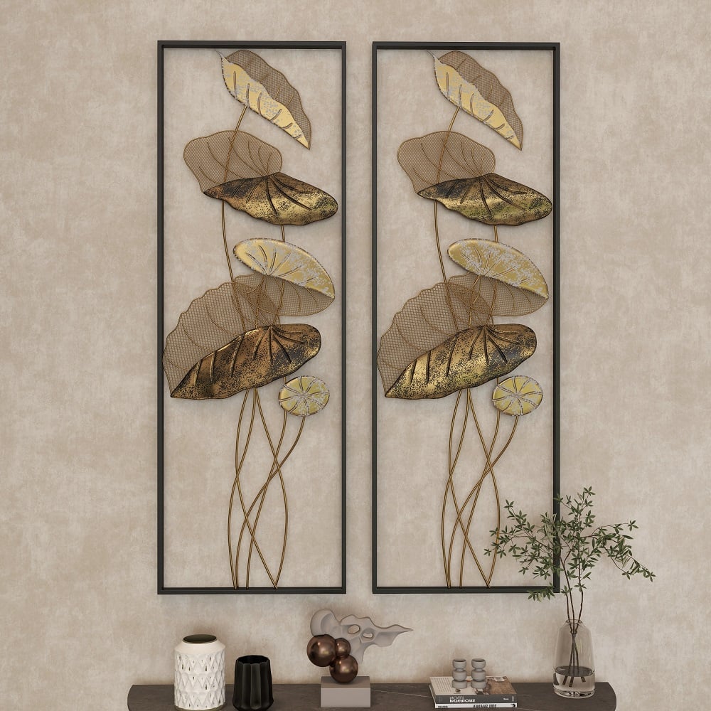 35.8" 2 Pieces Metal Lotus Leaves Wall Decor Set for Living Room with Black Frame - 