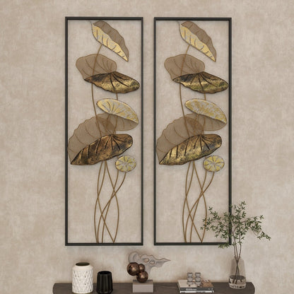 35.8" 2 Pieces Metal Lotus Leaves Wall Decor Set for Living Room with Black Frame - 