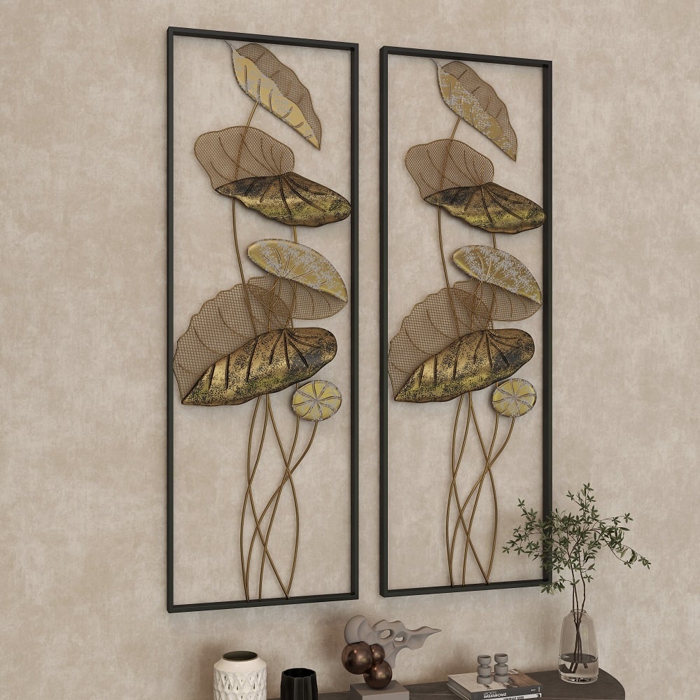 35.8" 2 Pieces Metal Lotus Leaves Wall Decor Set for Living Room with Black Frame - 