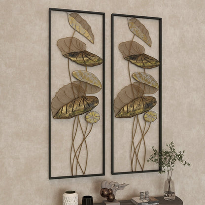 35.8" 2 Pieces Metal Lotus Leaves Wall Decor Set for Living Room with Black Frame - 