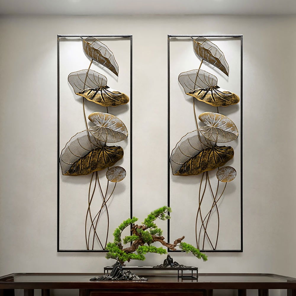 35.8" 2 Pieces Metal Lotus Leaves Wall Decor Set for Living Room with Black Frame - Homary