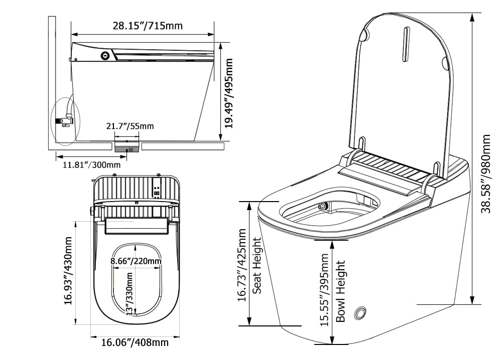 White Smart Toilet One-Piece Square with Intelligent Automatic Cover and Remote Control