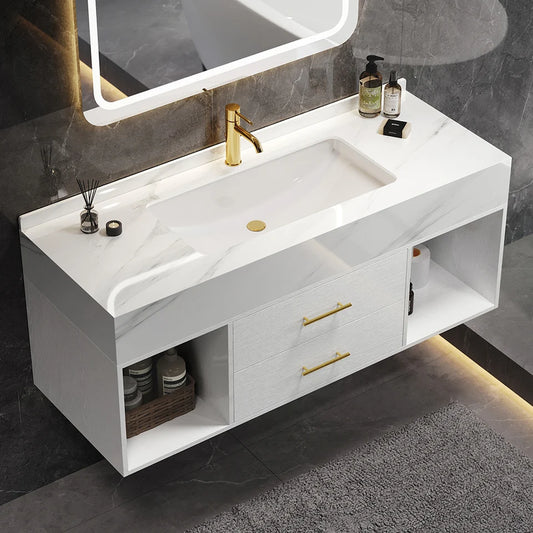 35" Floating Bathroom Vanity with Sintered Stone Vessel Sink with 2 Drawers in White