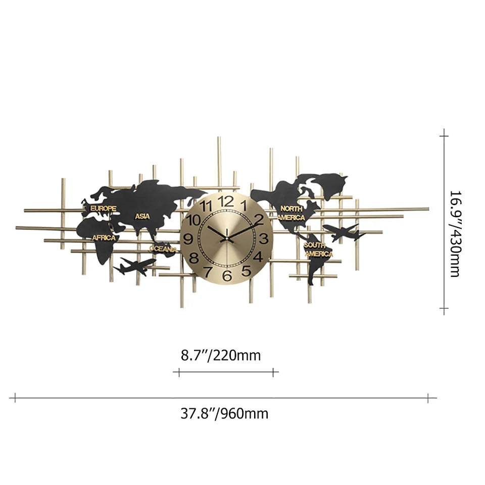 38" Modern Metal Large Map Wall Clock Decor Creative Silent Clocks Art for Living Room - 