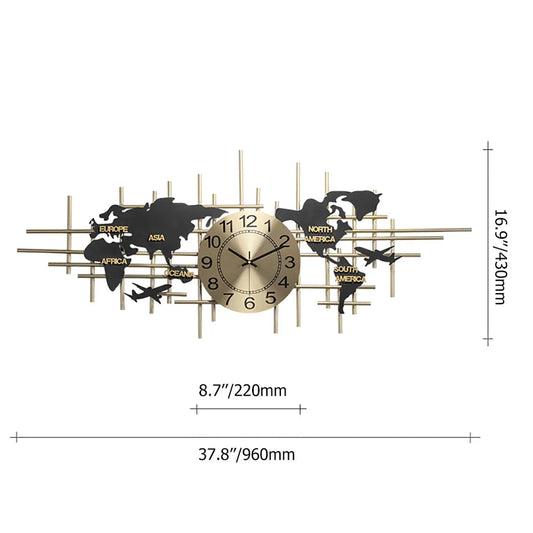 38" Modern Metal Large Map Wall Clock Decor Creative Silent Clocks Art for Living Room - 