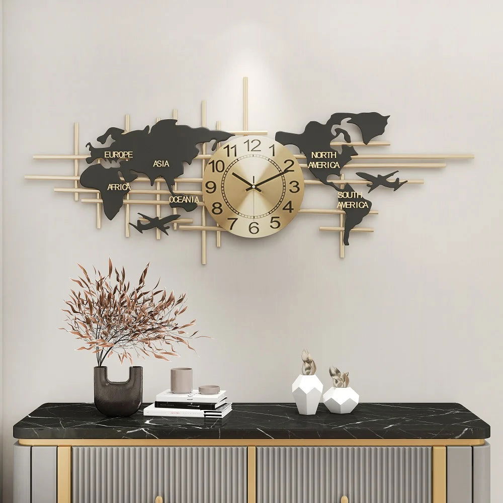 38" Modern Metal Large Map Wall Clock Decor Creative Silent Clocks Art for Living Room - 