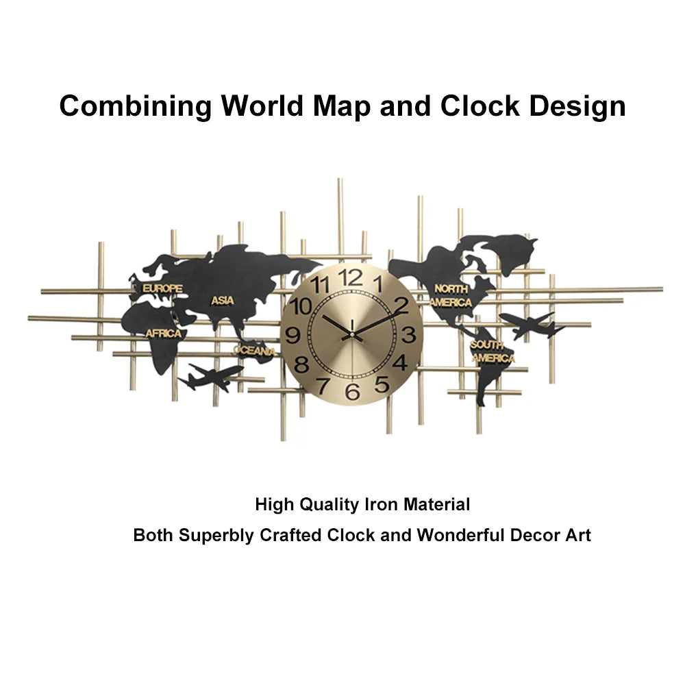 38" Modern Metal Large Map Wall Clock Decor Creative Silent Clocks Art for Living Room - 