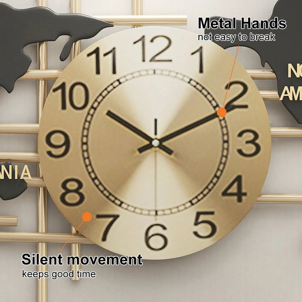 38" Modern Metal Large Map Wall Clock Decor Creative Silent Clocks Art for Living Room - 
