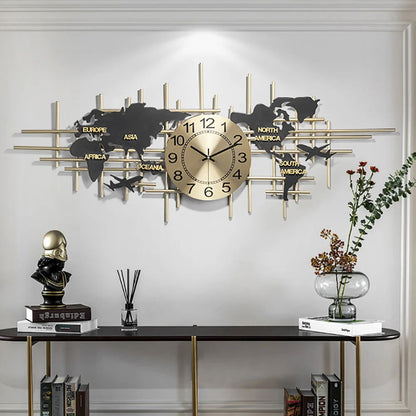 38" Modern Metal Large Map Wall Clock Decor Creative Silent Clocks Art for Living Room - 