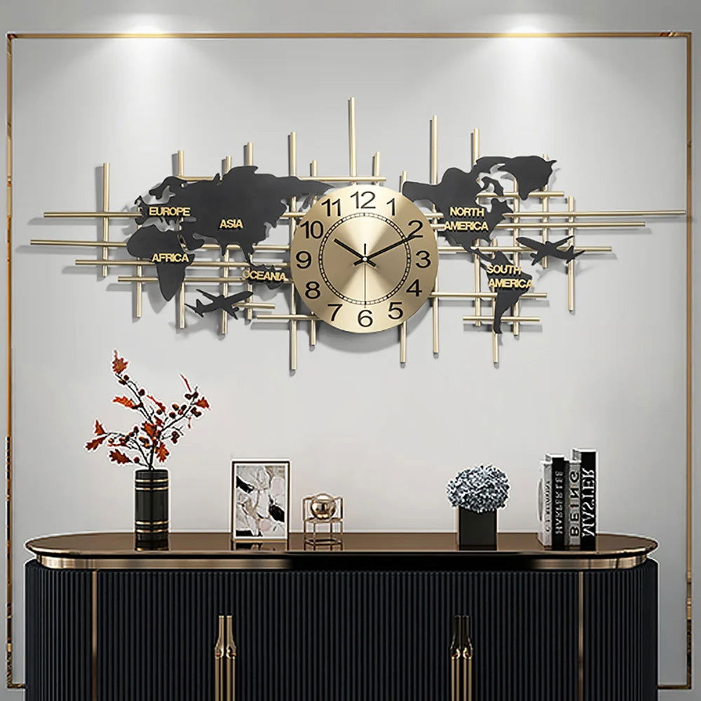 38" Modern Metal Large Map Wall Clock Decor Creative Silent Clocks Art for Living Room - 