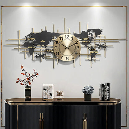 38" Modern Metal Large Map Wall Clock Decor Creative Silent Clocks Art for Living Room - 