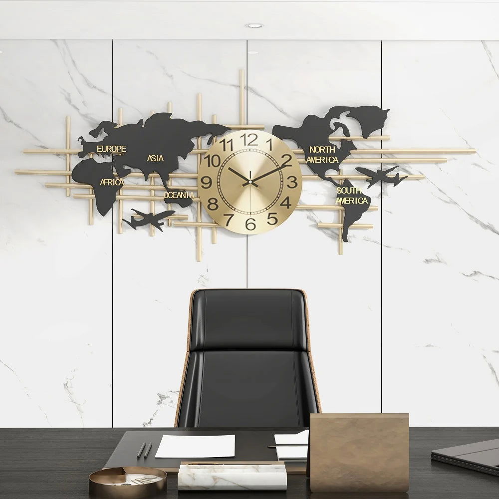 38" Modern Metal Large Map Wall Clock Decor Creative Silent Clocks Art for Living Room - Homary