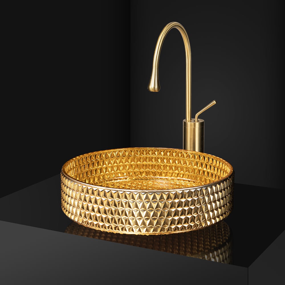 390mm Modern Luxury Diamond Shaped Crystal Glass Bathroom Countertop Basin in Gold - 
