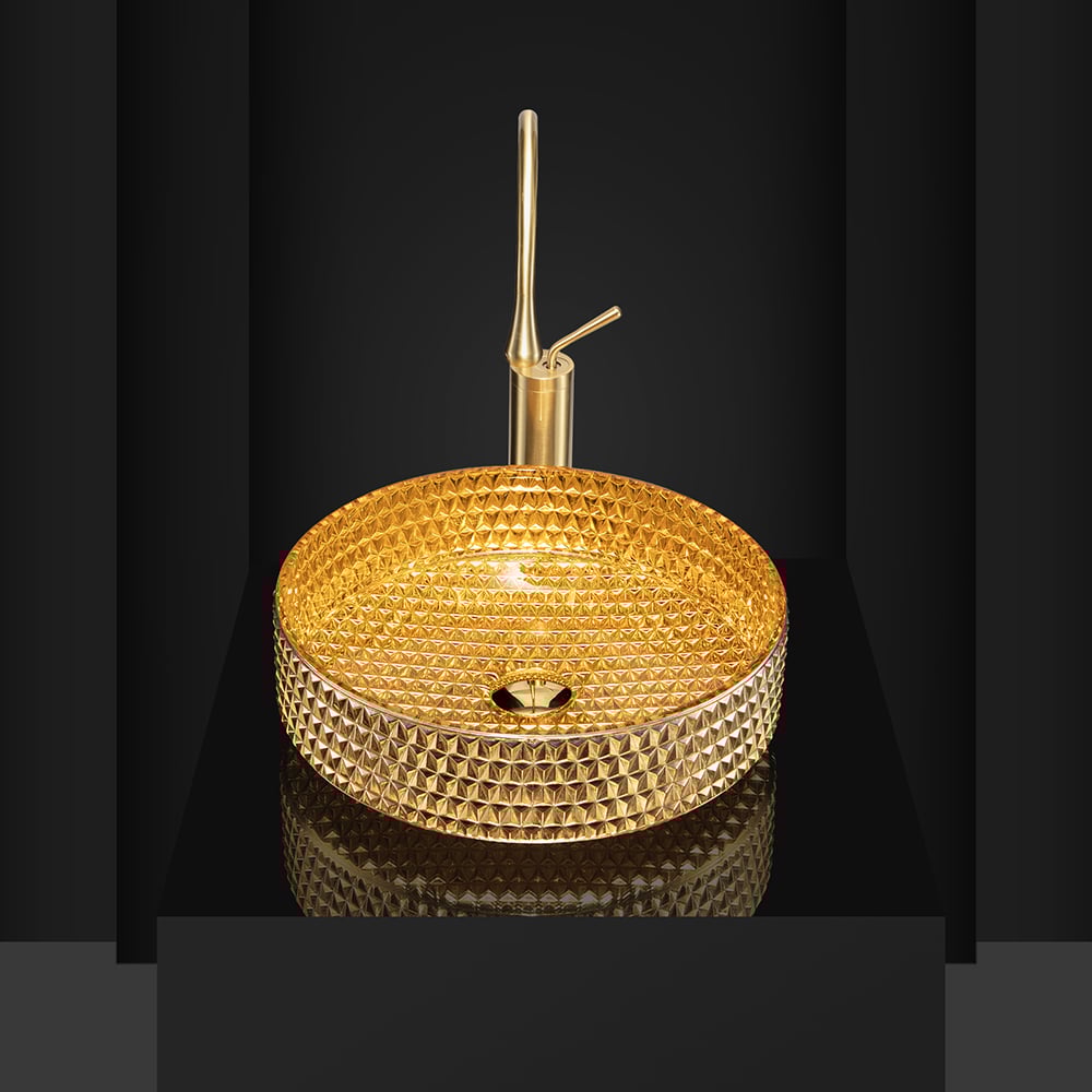 390mm Modern Luxury Diamond Shaped Crystal Glass Bathroom Countertop Basin in Gold - 