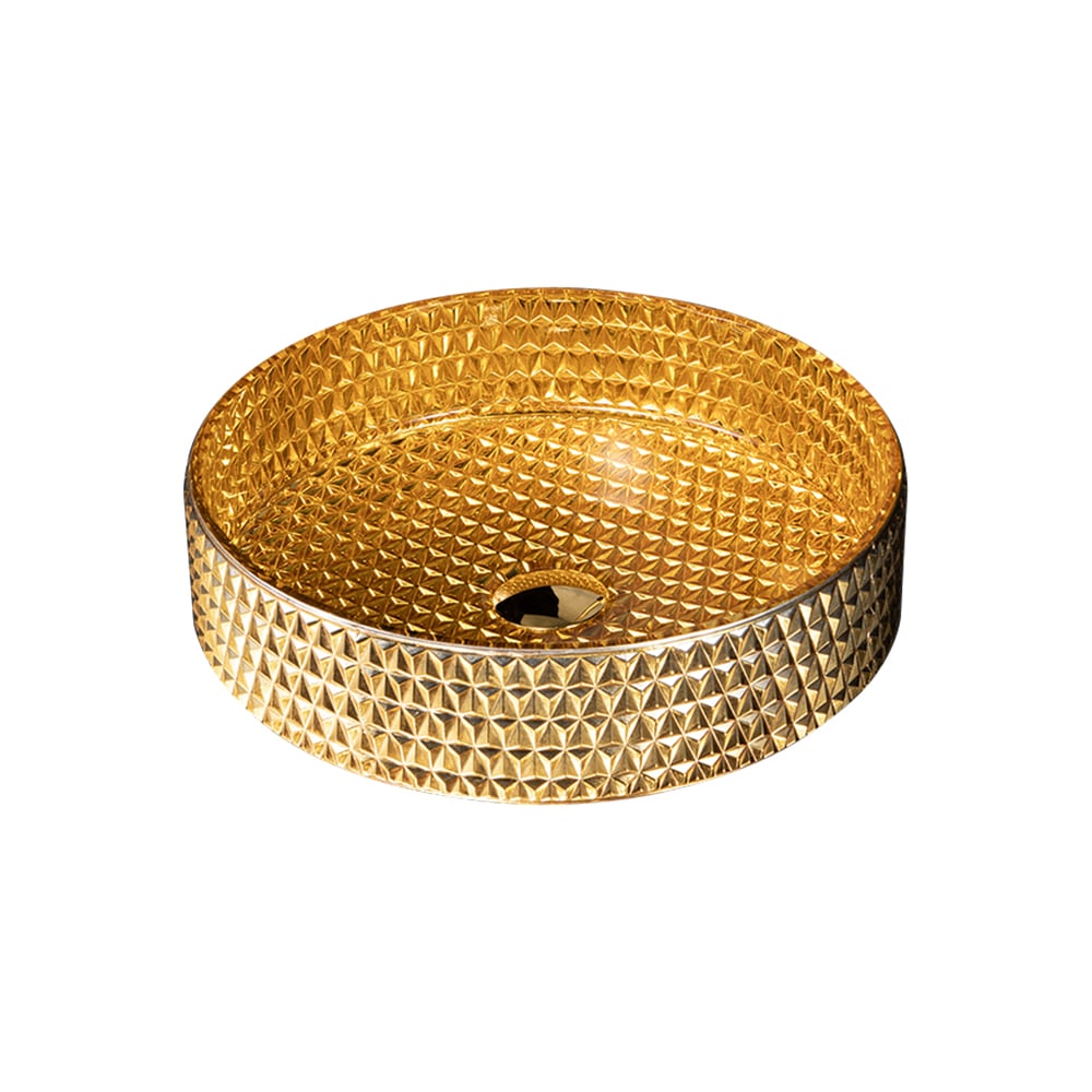 390mm Modern Luxury Diamond Shaped Crystal Glass Bathroom Countertop Basin in Gold - 