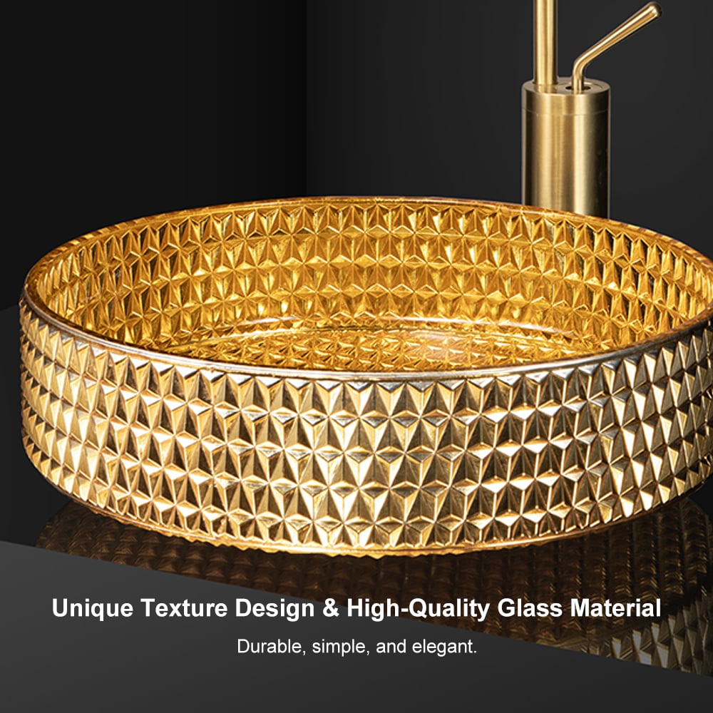 390mm Modern Luxury Diamond Shaped Crystal Glass Bathroom Countertop Basin in Gold - 