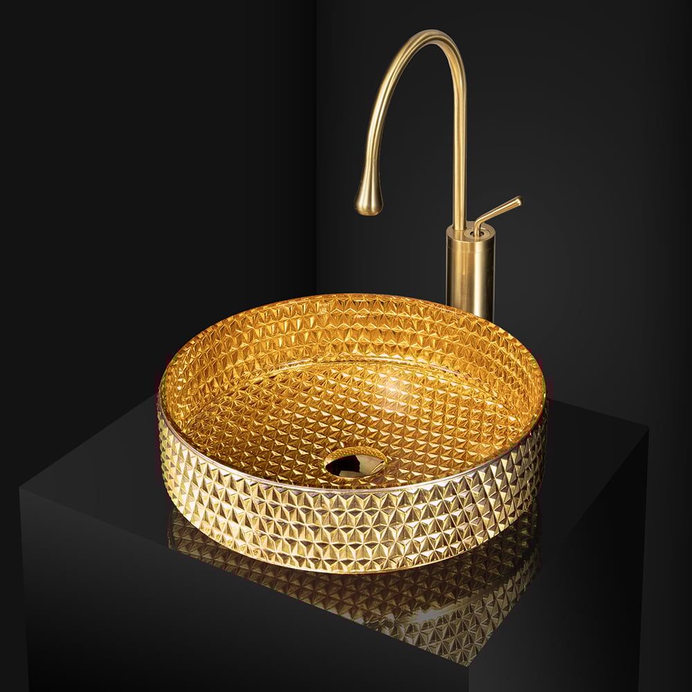 390mm Modern Luxury Diamond Shaped Crystal Glass Bathroom Countertop Basin in Gold - 