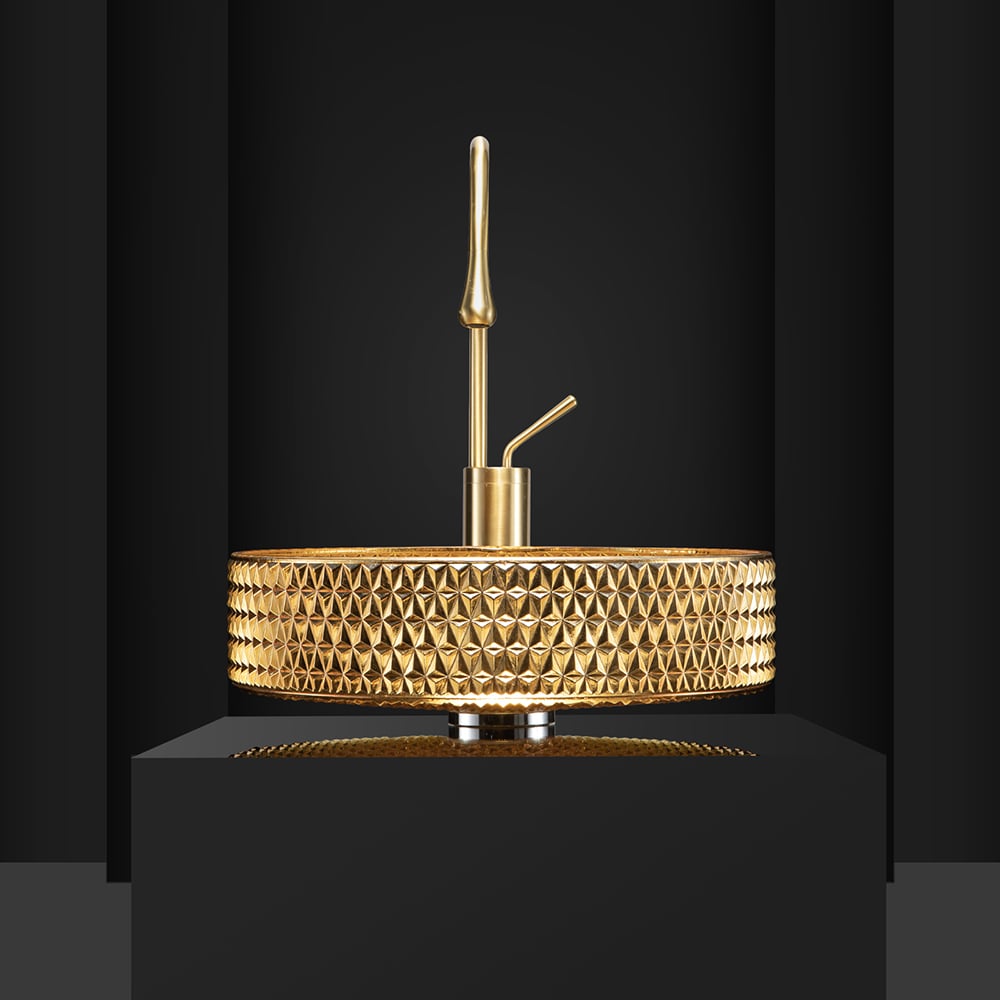 390mm Modern Luxury Diamond Shaped Crystal Glass Bathroom Countertop Basin in Gold - 