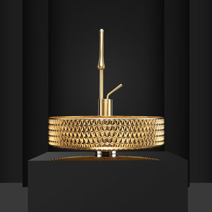 390mm Modern Luxury Diamond Shaped Crystal Glass Bathroom Countertop Basin in Gold - 