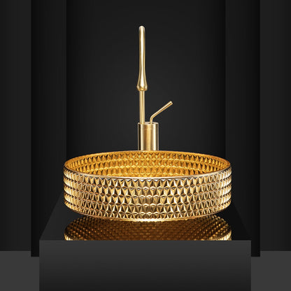 390mm Modern Luxury Diamond Shaped Crystal Glass Bathroom Countertop Basin in Gold - 