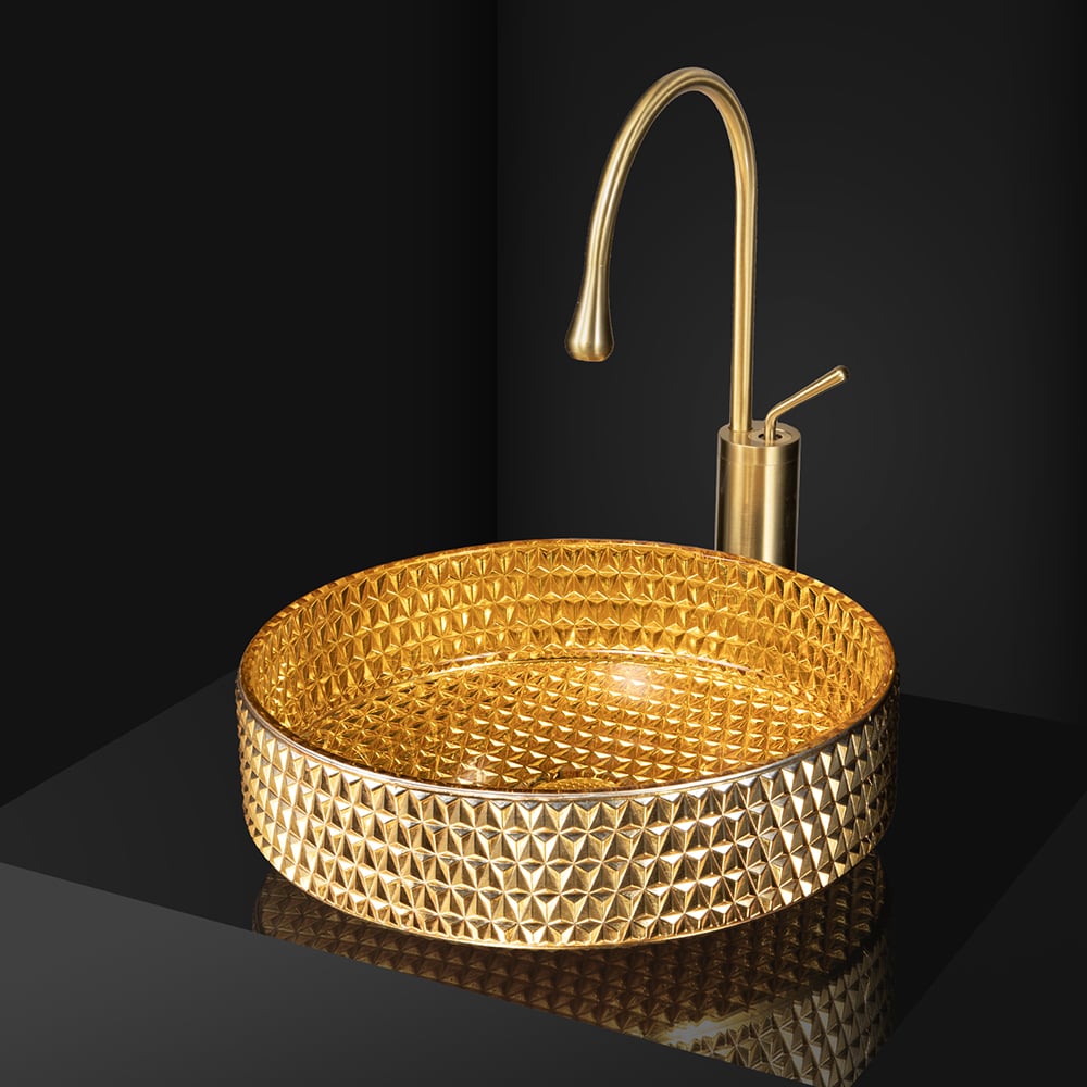 390mm Modern Luxury Diamond Shaped Crystal Glass Bathroom Countertop Basin in Gold - Homary