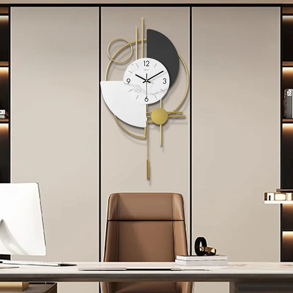 3D Mute Metal Wall Clock with Gold Pendulum Modern Round Decor Art Living Room Bedroom - 