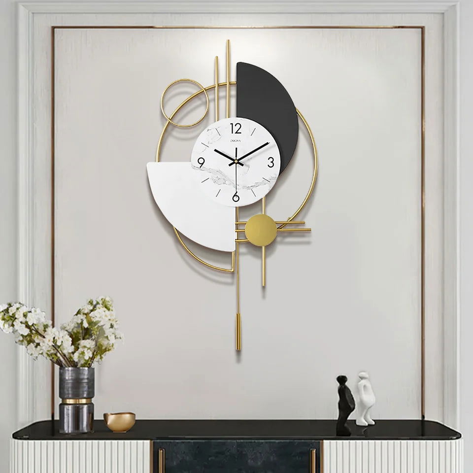 3D Mute Metal Wall Clock with Gold Pendulum Modern Round Decor Art Living Room Bedroom - 