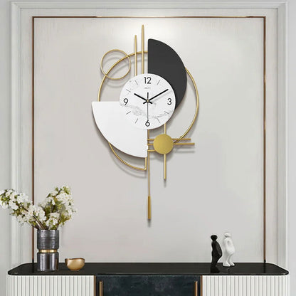 3D Mute Metal Wall Clock with Gold Pendulum Modern Round Decor Art Living Room Bedroom - 