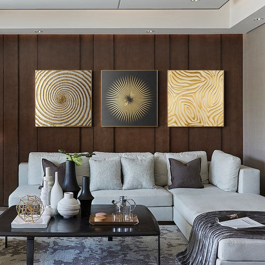 3 Pieces Glam Square Wall Decor Set Canvas Abstract Art with Frame in Gold & Black - 